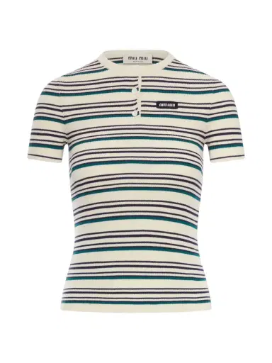 Miu Miu Striped Cotton Henley Shirt | Thumbnail 1 Miu Miu Striped Cotton Henley Shirt | Thumbnail 1