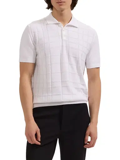 Bugatchi Men's Checked Cotton-Blend Polo Sweater - White - Size XXL | Thumbnail 3