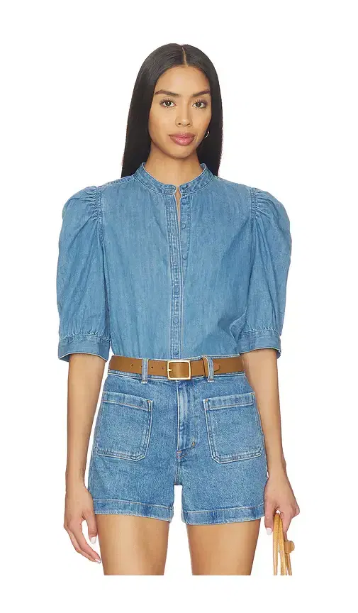 Madewell Denim Puff Sleeve Band Collar Shirt