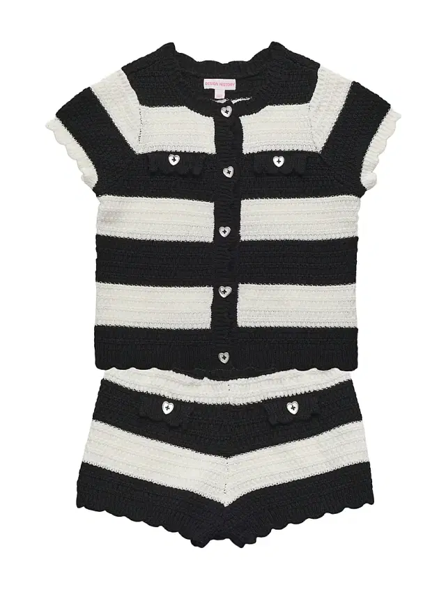 Design History Little Girl's Crochet Striped Cardigan & Shorts Set - Black Combo