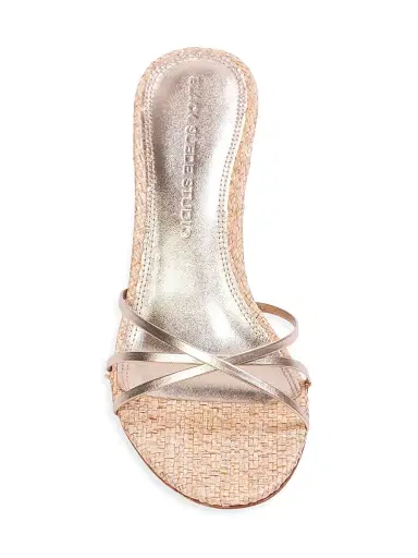 Black Suede Studio Women's Jaya 70MM Raffia Mule Sandals - Gold Metallic Leather - Size 12 | Thumbnail 4