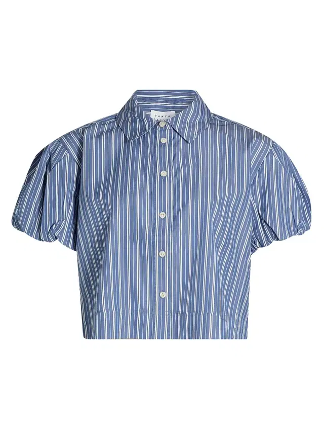 Tanya Taylor Women's Elza Striped Puff-Sleeve Top - French Blue White Multi