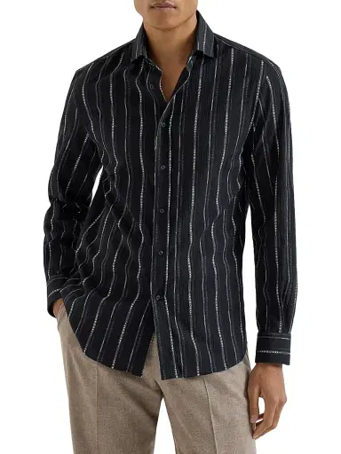 Brunello Cucinelli Men's Jacquard Seersucker Easy-Fit Shirt with Spread Collar - Black | Thumbnail 2