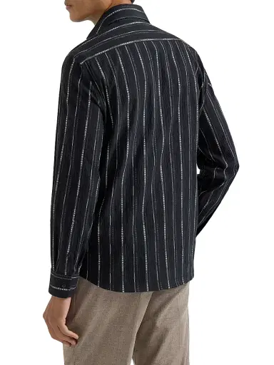 Brunello Cucinelli Men's Jacquard Seersucker Easy-Fit Shirt with Spread Collar - Black | Thumbnail 3