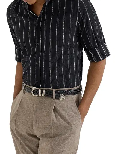 Brunello Cucinelli Men's Jacquard Seersucker Easy-Fit Shirt with Spread Collar - Black | Thumbnail 5