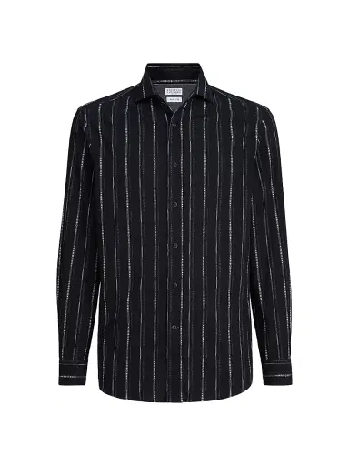 Brunello Cucinelli Men's Jacquard Seersucker Easy-Fit Shirt with Spread Collar - Black | Thumbnail 1