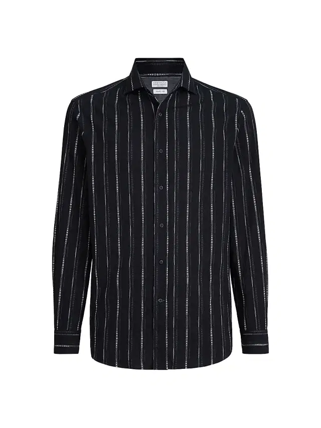 Men's Jacquard Seersucker Easy-Fit Shirt with Spread Collar - Black