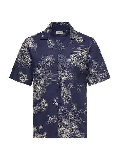 Moncler Men's Short-Sleeved Shirt in Cotton with Floral Print - Navy Blue - Size XL | Thumbnail 1