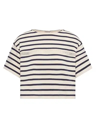 Moncler Women's Crew Neck T-Shirt in Cotton - White Blue - Size Medium | Thumbnail 1 Moncler Women's Crew Neck T-Shirt in Cotton - White Blue - Size Medium | Thumbnail 1