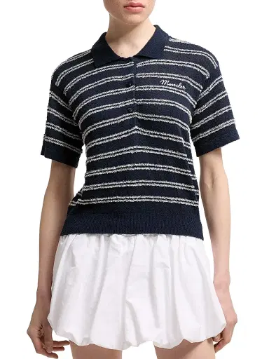 Moncler Women's Polo Shirt in Cotton Blend Bouclé Crêpe - Navy Blue - Size Large | Thumbnail 2