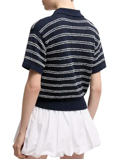 Moncler Women's Polo Shirt in Cotton Blend Bouclé Crêpe - Navy Blue - Size Large | Thumbnail 3