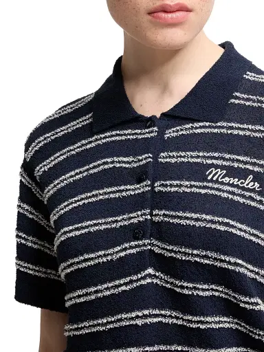 Moncler Women's Polo Shirt in Cotton Blend Bouclé Crêpe - Navy Blue - Size Large | Thumbnail 4