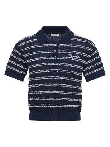 Moncler Women's Polo Shirt in Cotton Blend Bouclé Crêpe - Navy Blue - Size Large | Thumbnail 1