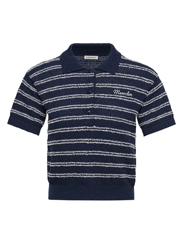 Moncler Women's Polo Shirt in Cotton Blend Bouclé Crêpe - Navy Blue