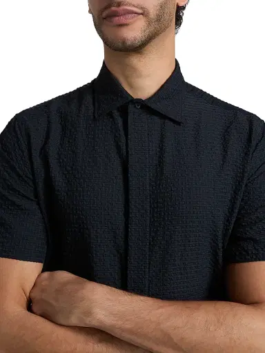 Emporio Armani Men's Textured Tech Seersucker Sport Shirt - Dark Navy | Thumbnail 6 Emporio Armani Men's Textured Tech Seersucker Sport Shirt - Dark Navy | Thumbnail 6