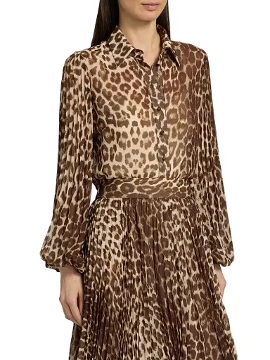 Zimmermann Women's Leopard Chiffon Sunray Pleated Button-Front Shirt | Thumbnail 4