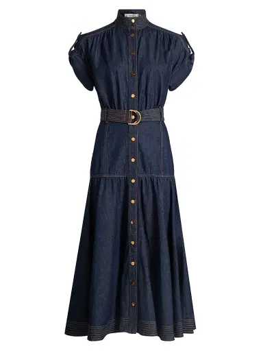 Zimmermann Women's Denim Belted Puff Sleeve Midi-Dress - Harbour Blue | Thumbnail 1 Zimmermann Women's Denim Belted Puff Sleeve Midi-Dress - Harbour Blue | Thumbnail 1