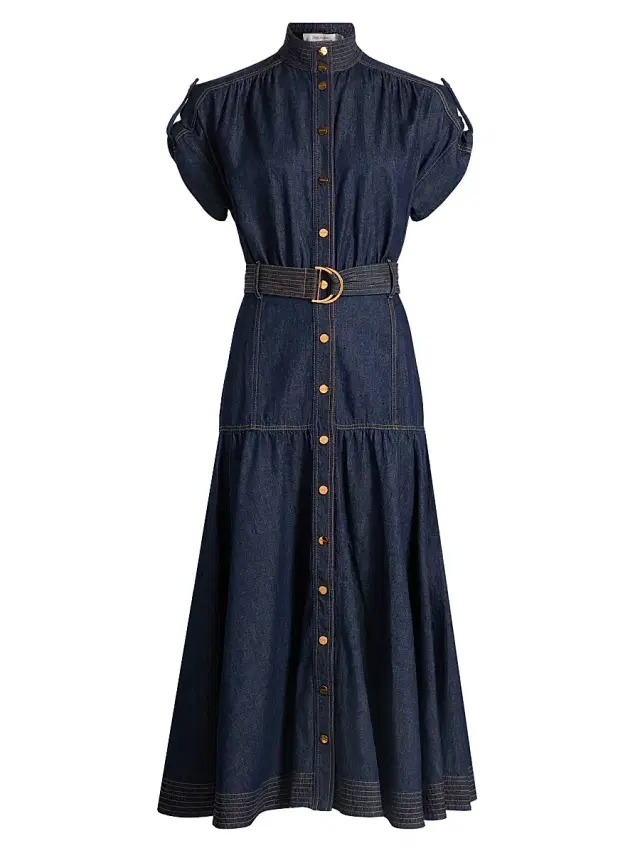 Zimmermann Women's Denim Belted Puff Sleeve Midi-Dress - Harbour Blue