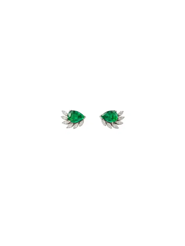 1.90 Emerald Diamond 18K Gold Pear Leaf Earrings