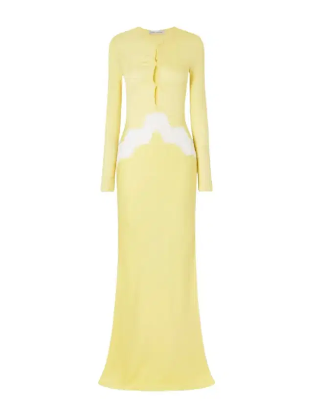 Twisted-front Cutout Lace-trimmed Ribbed-knit And Crepe Gown