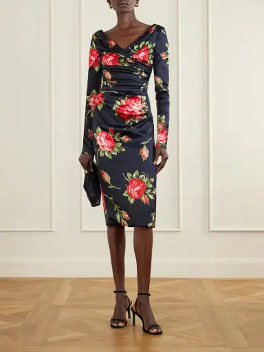 Dolce & Gabbana Ruched Floral-printed Satin Midi Dress | Thumbnail 2 Dolce & Gabbana Ruched Floral-printed Satin Midi Dress | Thumbnail 2
