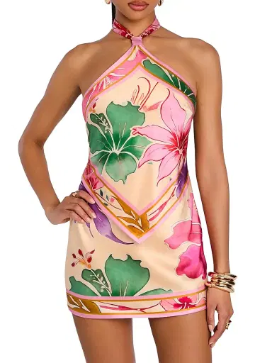 Retrofête Women's Adelaide Printed Stretch Silk Scarf Minidress - Ivory Hibiscus Floral - Size Large | Thumbnail 3