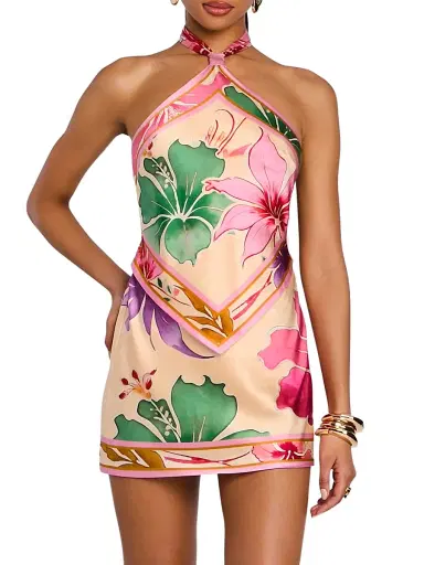 Retrofête Women's Adelaide Printed Stretch Silk Scarf Minidress - Ivory Hibiscus Floral - Size Large | Thumbnail 4
