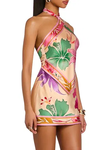 Retrofête Women's Adelaide Printed Stretch Silk Scarf Minidress - Ivory Hibiscus Floral - Size Large | Thumbnail 5