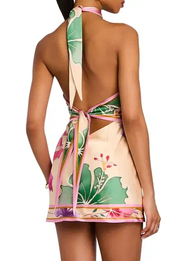 Retrofête Women's Adelaide Printed Stretch Silk Scarf Minidress - Ivory Hibiscus Floral - Size Large | Thumbnail 6