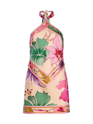 Retrofête Women's Adelaide Printed Stretch Silk Scarf Minidress - Ivory Hibiscus Floral - Size Large | Thumbnail 1