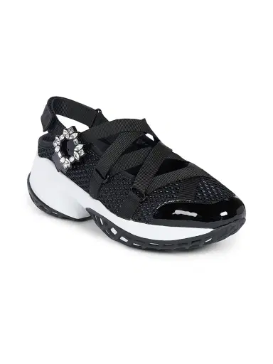 Roger Vivier Women's Viv Run Strass Trekky Ball Mesh & Patent Leather Sneakers - Black White | Thumbnail 2 Roger Vivier Women's Viv Run Strass Trekky Ball Mesh & Patent Leather Sneakers - Black White | Thumbnail 2