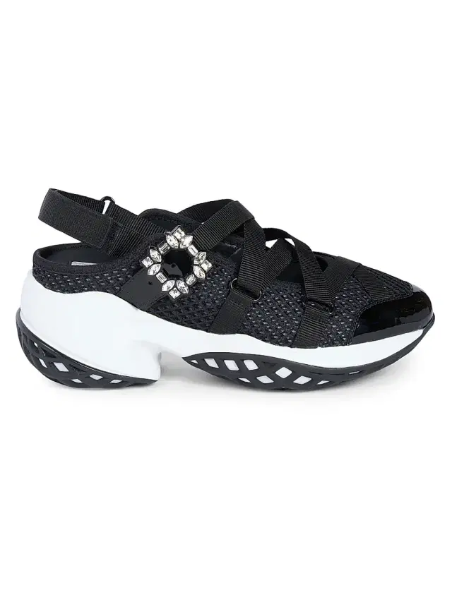 Women's Viv Run Strass Trekky Ball Mesh & Patent Leather Sneakers - Black White