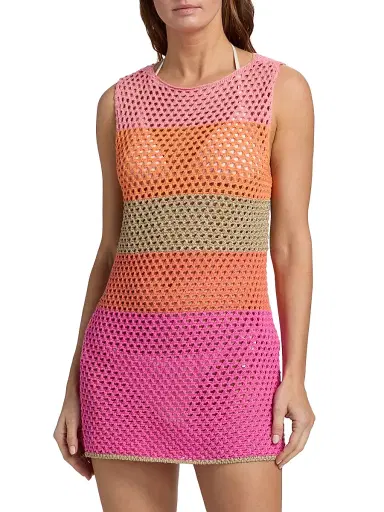 Milly Women's Open-Knit Striped Cover-Up Minidress - Pink Multi - Size XS | Thumbnail 3