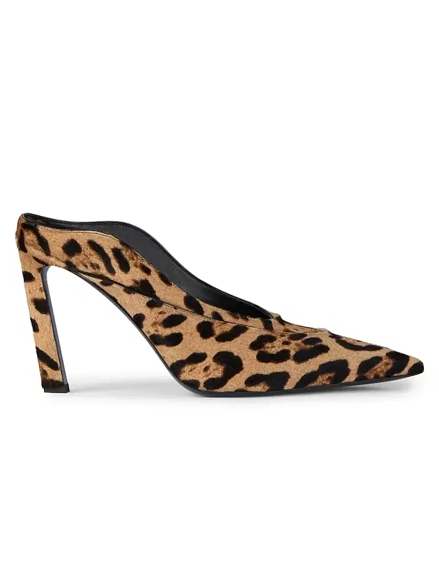 Women's Spiky Heeled Mule Sandals in Pony Effect Leather with Leopard Pattern - Black Beige