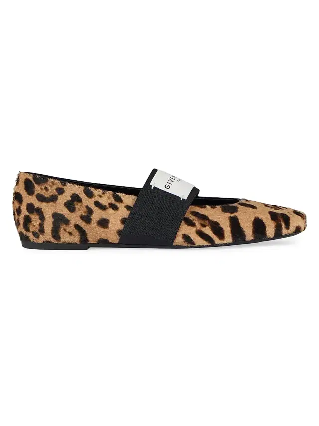 Women's Sliced Square Ballerina Flats in Pony Leather with Leopard Pattern - Black Beige