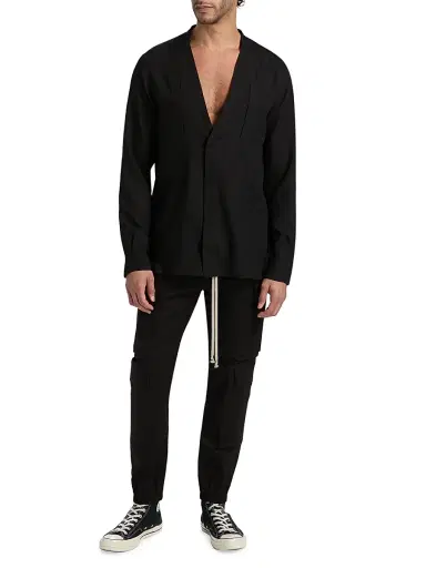 Rick Owens Men's Larry Fogpocket Surplice V-Neck Wool Shirt - Black - Size 44 | Thumbnail 2 Rick Owens Men's Larry Fogpocket Surplice V-Neck Wool Shirt - Black - Size 44 | Thumbnail 2