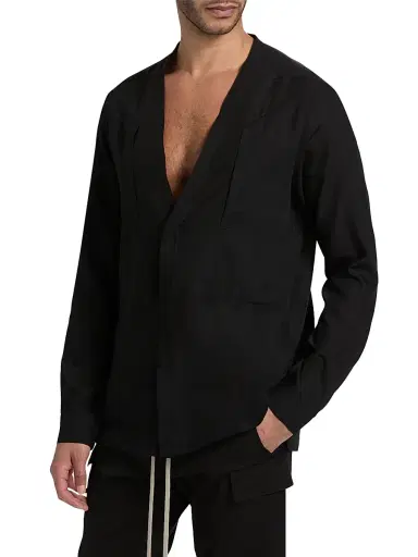 Rick Owens Men's Larry Fogpocket Surplice V-Neck Wool Shirt - Black - Size 44 | Thumbnail 4 Rick Owens Men's Larry Fogpocket Surplice V-Neck Wool Shirt - Black - Size 44 | Thumbnail 4