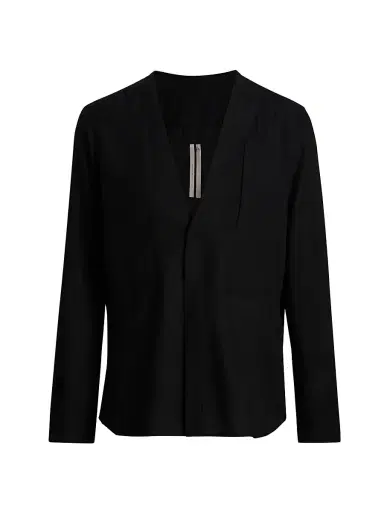 Rick Owens Men's Larry Fogpocket Surplice V-Neck Wool Shirt - Black - Size 44 | Thumbnail 1 Rick Owens Men's Larry Fogpocket Surplice V-Neck Wool Shirt - Black - Size 44 | Thumbnail 1
