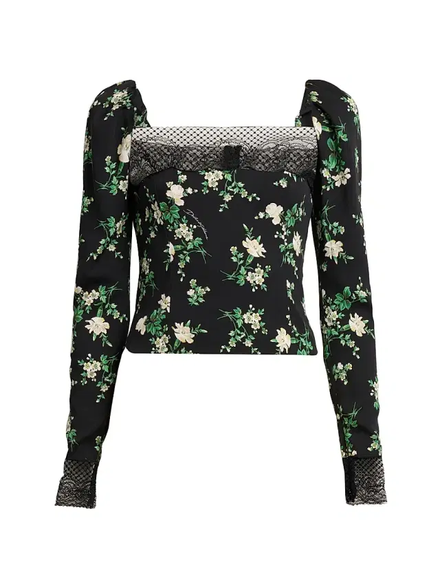 Dolce & Gabbana Women's Floral Lace-Trim Puff-Shoulder Top - Rosa Garof Bco Fnero