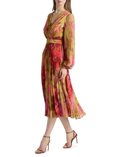 Badgley Mischka Women's Floral Pleated Belted Midi-Dress - Pink Multi | Thumbnail 4 Badgley Mischka Women's Floral Pleated Belted Midi-Dress - Pink Multi | Thumbnail 4