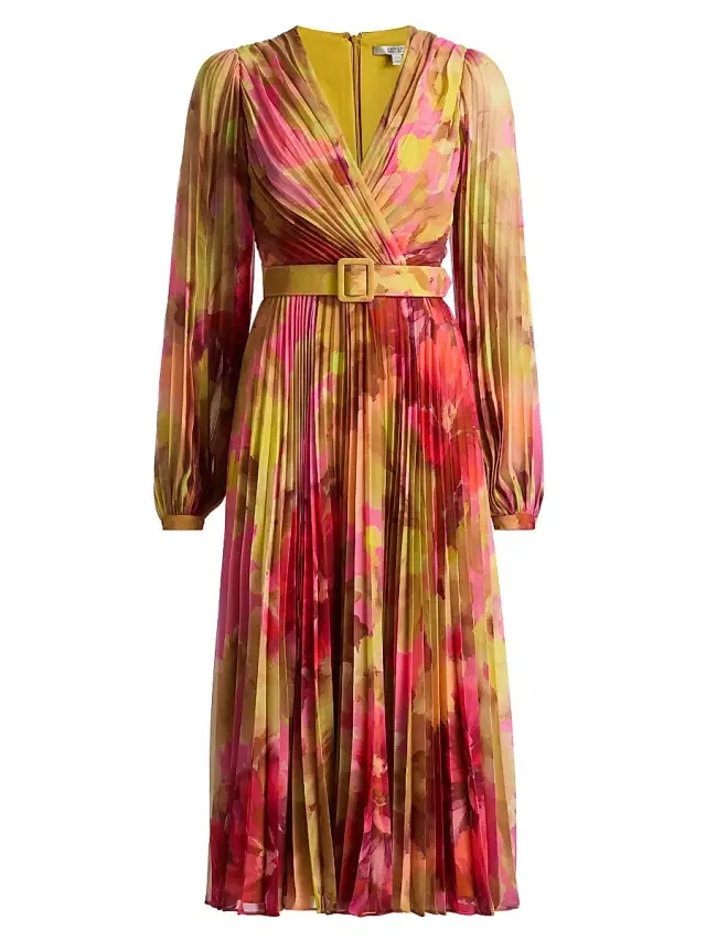 Badgley Mischka Women's Floral Pleated Belted Midi-Dress - Pink Multi