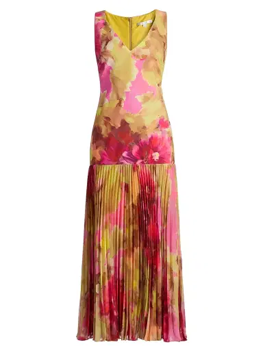 Badgley Mischka Women's Floral Pleated Dropwaist Cocktail Dress - Pink Multi | Thumbnail 1 Badgley Mischka Women's Floral Pleated Dropwaist Cocktail Dress - Pink Multi | Thumbnail 1