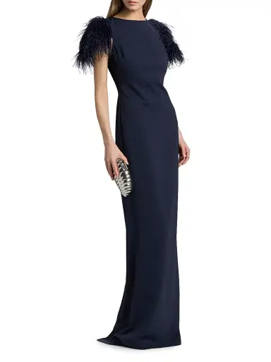 Badgley Mischka Women's Feather Cuff Odessa Crepe Column Gown - Navy | Thumbnail 4 Badgley Mischka Women's Feather Cuff Odessa Crepe Column Gown - Navy | Thumbnail 4