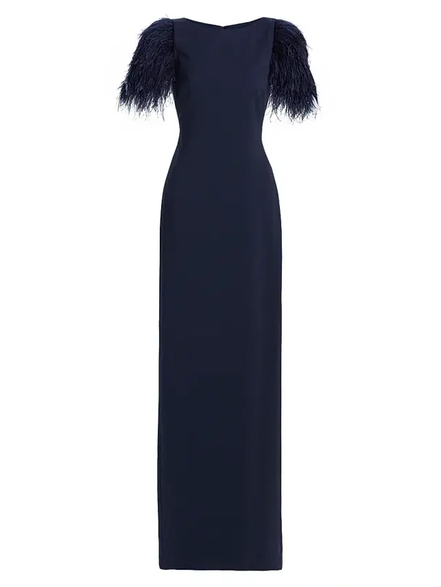 Badgley Mischka Women's Feather Cuff Odessa Crepe Column Gown - Navy