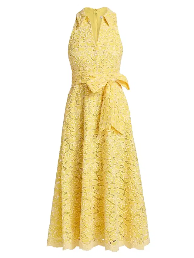 Badgley Mischka Women's Eyelet Lace Belted Midi-Dress - Yellow