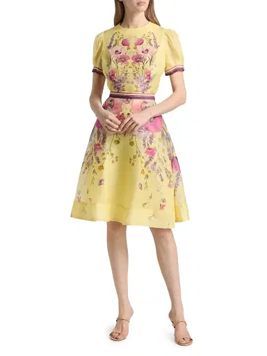 Teri Jon by Rickie Freeman Women's Floral Silk-Linen Knee-Length Dress - Yellow Multi | Thumbnail 2 Teri Jon by Rickie Freeman Women's Floral Silk-Linen Knee-Length Dress - Yellow Multi | Thumbnail 2
