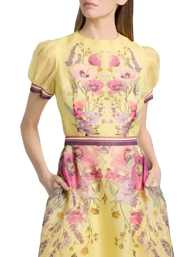 Teri Jon by Rickie Freeman Women's Floral Silk-Linen Knee-Length Dress - Yellow Multi | Thumbnail 6 Teri Jon by Rickie Freeman Women's Floral Silk-Linen Knee-Length Dress - Yellow Multi | Thumbnail 6