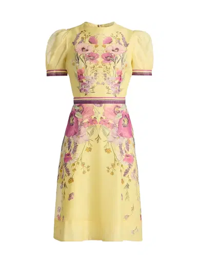 Teri Jon by Rickie Freeman Women's Floral Silk-Linen Knee-Length Dress - Yellow Multi | Thumbnail 1 Teri Jon by Rickie Freeman Women's Floral Silk-Linen Knee-Length Dress - Yellow Multi | Thumbnail 1