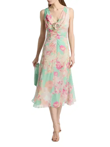 Teri Jon by Rickie Freeman Women's Floral Silk Chiffon Ruched-Front Midi-Dress - Mint Multi - Size 16 | Thumbnail 2 Teri Jon by Rickie Freeman Women's Floral Silk Chiffon Ruched-Front Midi-Dress - Mint Multi - Size 16 | Thumbnail 2