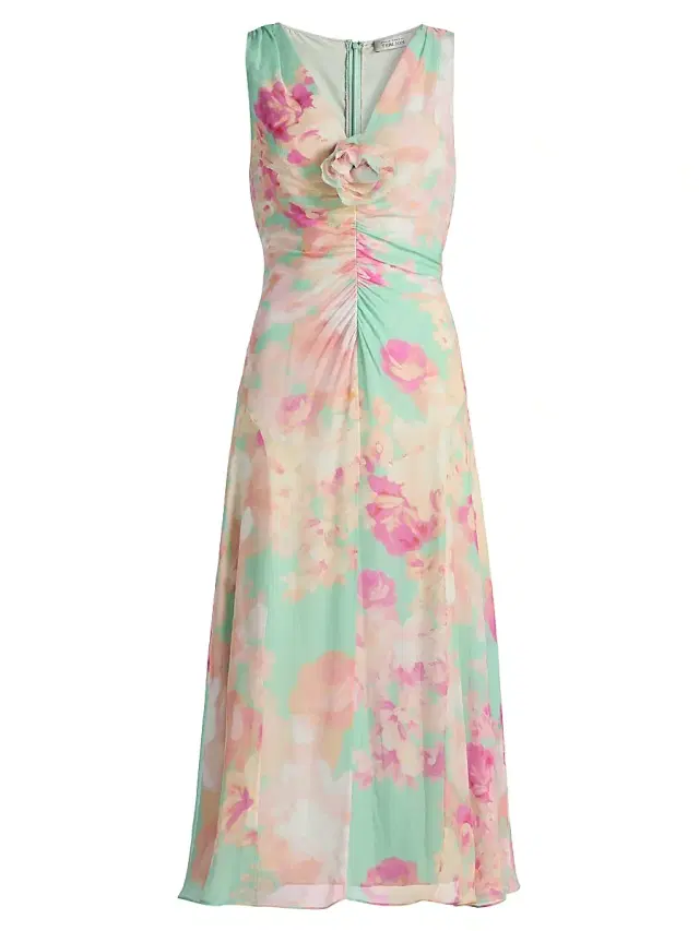 Teri Jon by Rickie Freeman Women's Floral Silk Chiffon Ruched-Front Midi-Dress - Mint Multi